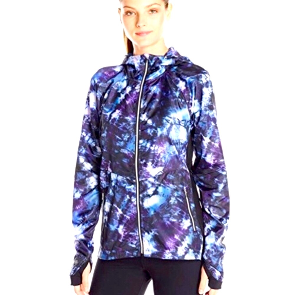 NANETTE LEPORE BLACK/PURPLE ZIP FRONT HOODED WINDBREAKER • sz M